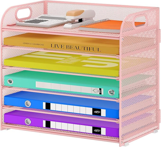 Cawukege 6 Tier Paper Organizer, Pink Letter Tray with Handle, Mesh Desk Organizer, Metal File Organizer, Office Desk Accessories for Home, Office, Classroom, School