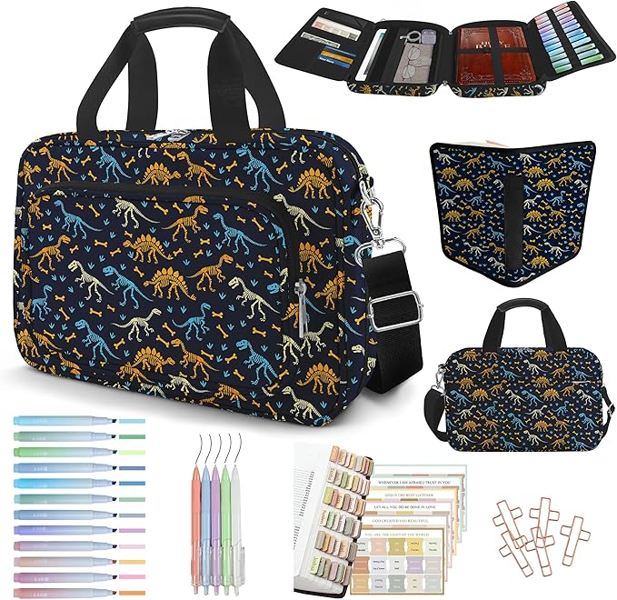 Dinosaur Bible Cover Case for Kids Boys Mens, Large T-rex Bible Carrying Book Case Church Bag Strap Handle Zipper Pocket, Bible Study Supplies Journaling Kit, Highlighters Pens Cross Clips