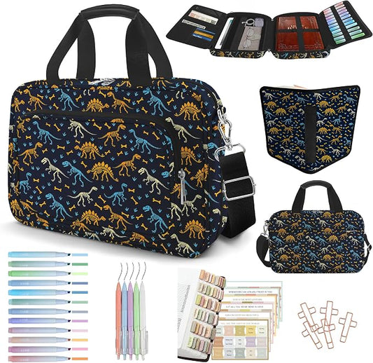 Dinosaur Bible Cover Case for Kids Boys Mens, Large T-rex Bible Carrying Book Case Church Bag Strap Handle Zipper Pocket, Bible Study Supplies Journaling Kit, Highlighters Pens Cross Clips