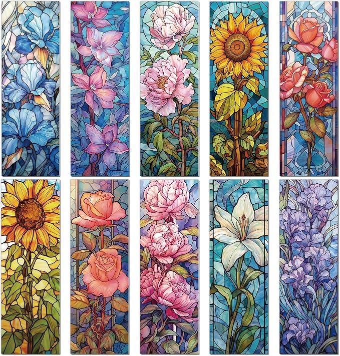 Stained Glass Flower Bookmark Gifts - Cosmisun 10 Pcs Floral Transparent PVC Bookmark Stained Glass Art Plant Book Mark Page Clips Gifts for Women Men Book Lovers Teacher Student Bookish Reader