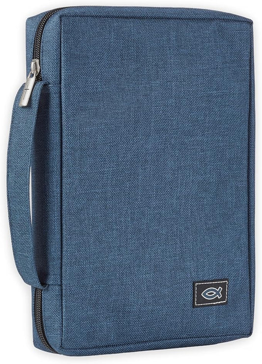 Christian Art Gifts Men/Women's Bible Cover Jesus Fish, Blue Canvas, Small
