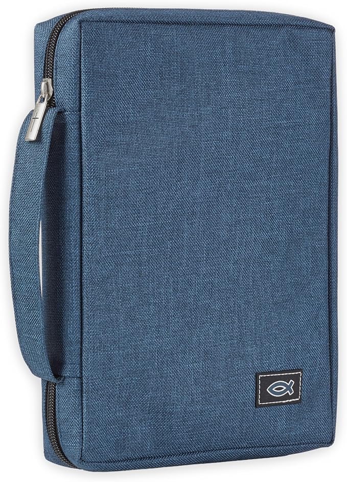 Christian Art Gifts Men/Women's Bible Cover Jesus Fish, Blue Canvas, Medium