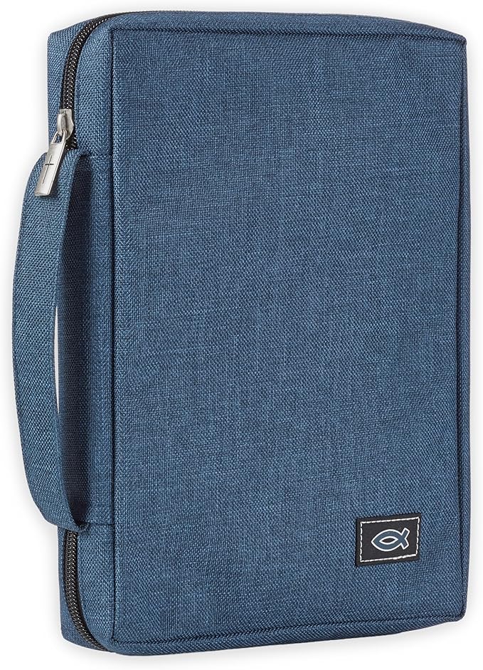 Christian Art Gifts Men/Women's Bible Cover Jesus Fish, Blue Canvas, Medium
