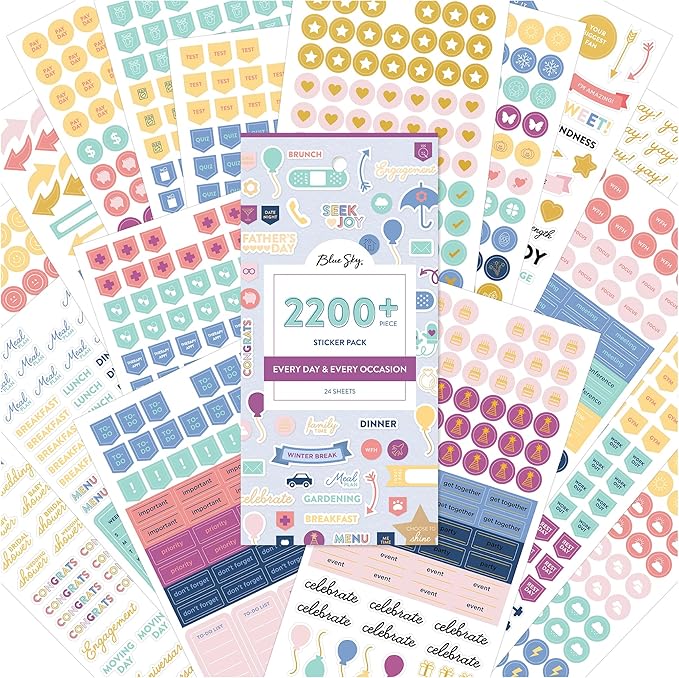 Blue Sky Every Day & Every Occasion 2200+ Sticker Pack, Planner and Calendar Pack, 4.49” x 9.06”, Full Color and Gold Foil, 24 Sheets