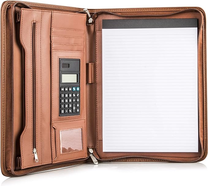 Cossini Premium Business Portfolio with Zipper – Padfolio - Superior Business Impressions Begin with PU Vegan Leather, 10.1 Inch Tablet Sleeve, Smart Storage, Solar Calculator, Writing Pad - Tan