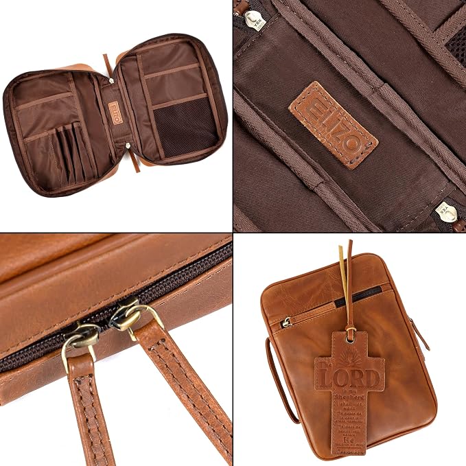 ELIZO Leather Bible Cover for Men Bible Case for Women Zippered Holder Protector Cross Church Tote Bag Carrying Organizer Sleeve Gift Study Tan