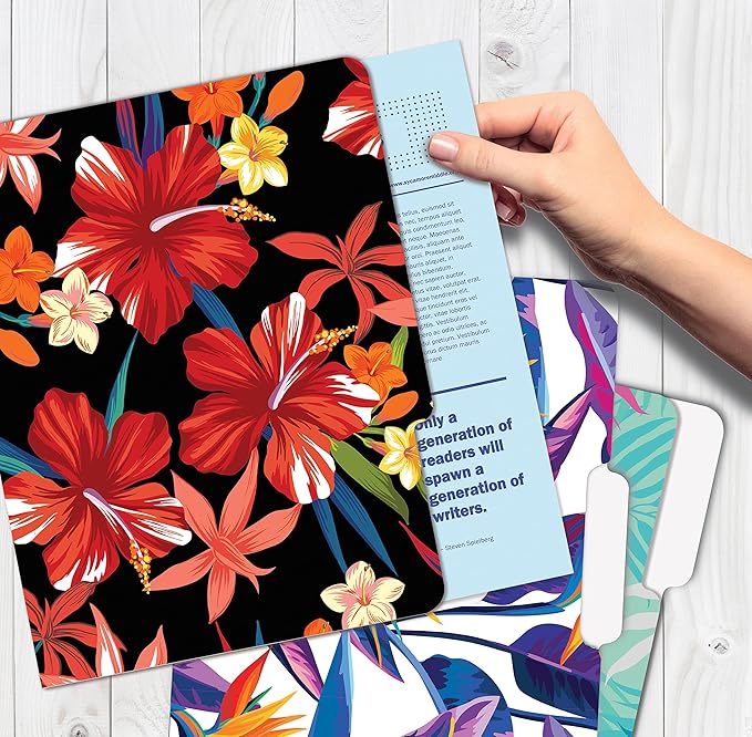 Better Office Products Decorative File Folders, 12 Pack, 6 Unique Designs, Heavyweight, Letter Size (9.5 x 11.5) with 1/3 Cut Tab, Tropical Floral Designs, Fashion Folders