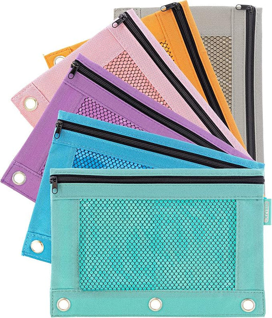 BAZIC Products Retro Color 3-Ring Pencil Pouch with Mesh Window, 600D Polyester Build, for School Binders Supplies