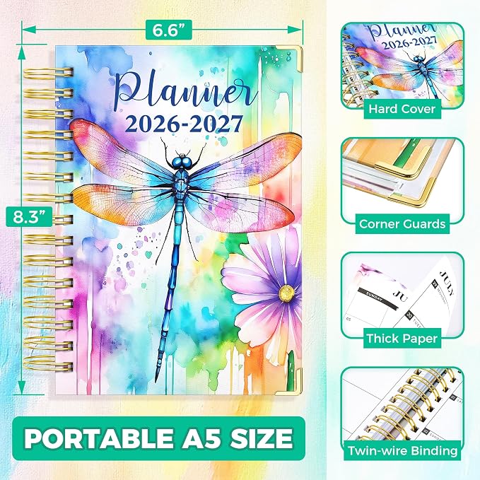 Planner 2026-2027, 18 Month Weekly and Monthly Academic Planner, July. 2026 - Dec. 2027, 6.6" x 8.3" A5 Hardcover Calendar Planner with Page Tabs, Separator Page, Inner Pocket, Bookmark, Stickers, Sticky Note Set