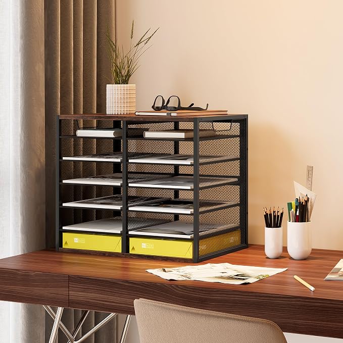 TQVAI 12 Compartments Desktop Literature Organizer, Metal Frame Paper Sorter with Handles, Adjustable Mailbox for Classroom and Office, Desk File Organizer for Document, Bill, Magazine, Antique Brown