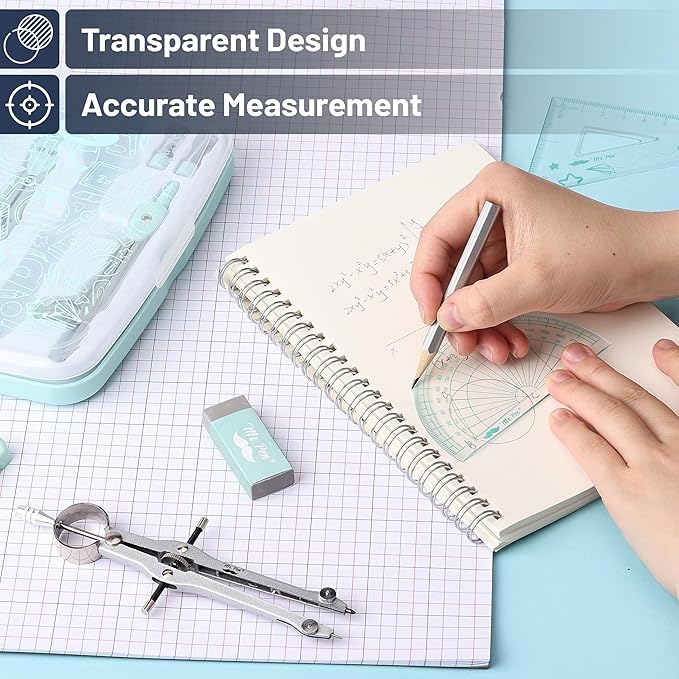 Mr. Pen- Geometry Set, 13 pcs, 3 Metal Compasses, Protractor, 6" Ruler, 45° & 30°/60° Set Squares, Pencils, Lead Refills, Sharpener & Eraser for Math, Drafting & Classroom Use
