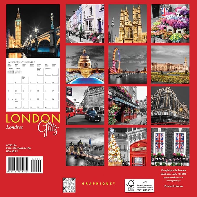 Graphique 2026 London Glitz Mini Wall Calendar | 7” x 7” | Thick Paper | Home & Office Organizer | Large Monthly Grid | 3 Languages & Marked Holidays | 4 Month Preview Page for 2027