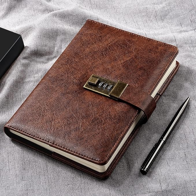 WEMATE Diary with Lock, A5 PU Leather Journal with Lock 240 Pages, Vintage Locks Journal Password Notebook with Pen, Locks Diary Planner Organizer for Men and Women, 8.6x5.8in Brown