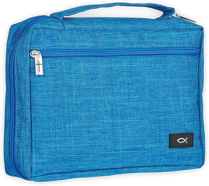Christian Art Gifts Polyester Bible Cover for Men & Women w/Jesus Fish Patch, Zipper Pocket, Pen Loops, Easy Carry Book Case for Stationery, Accessories, Light Blue, XL