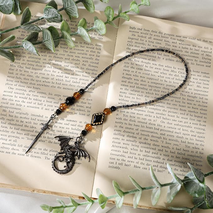 Dragon Sword Bookmark Gifts - Black Fantasy Fourth Beaded Bookmarks for Men Book Lovers Crystal Bead Chain Wing Page Marks School Office Reading Accessories Bookish Gift for Birthday Christmas