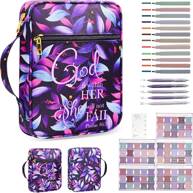Bible Cover for Women, Bible Holder, Bible Study Supplies Accessories Bible Cover Carrier Carrying Organizer Bag, Zipper and Pockets for Standard Size Bible, Gift for Women（purplesuit）