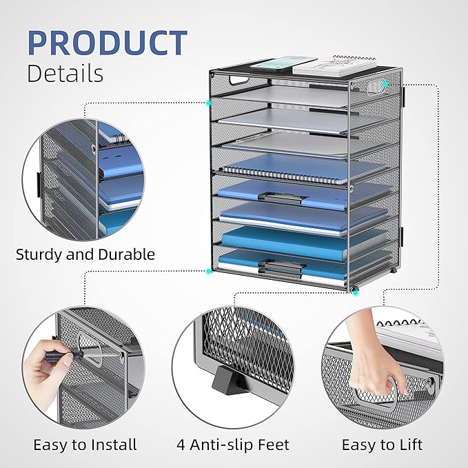 DALTACK 9-Tier Paper Organizer for Desk, Mesh Letter Tray Desk Organizer with Handles, Space-Saving File Organizer for Office Home School, Black 2 Pack