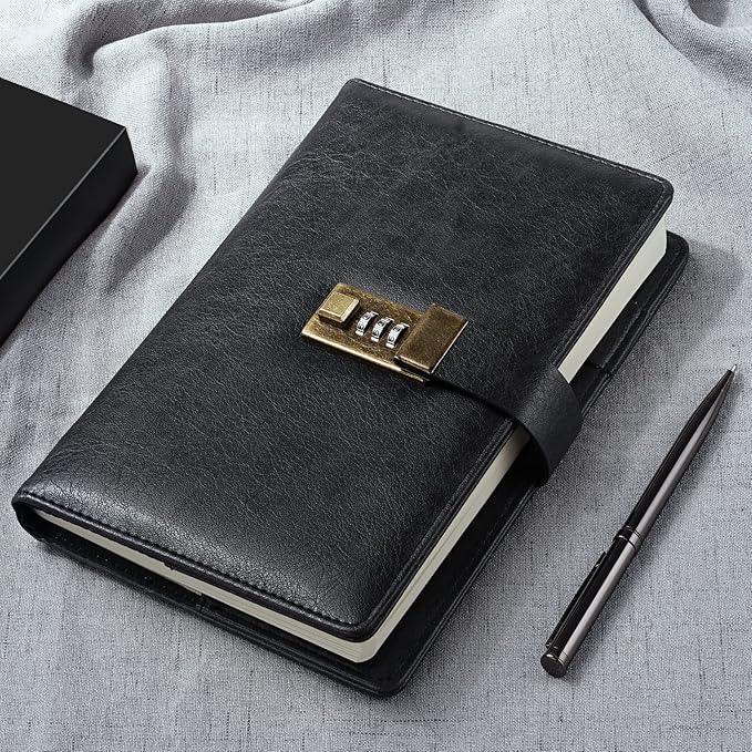 WEMATE Diary with Lock, A5 PU Leather Journal with Lock 240 Pages, Vintage Locks Journal Password Notebook with Pen, Locks Diary Planner Organizer for Men and Women, 8.6x5.8in Black