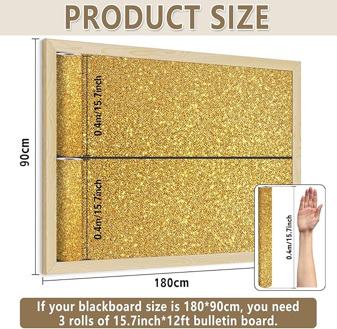 Glitter Bulletin Board Roll Gold Bulletin Board Paper Sparkle Gold Wrapping DIY Art Crafts Fade Resistant Wrinkle Resistant Poster for Classroom Office Home Backdrop Decoration 15.7" x 12 Ft