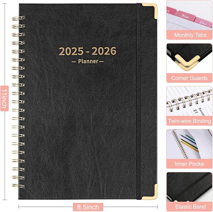 Fetinar 8.5" x 11" Academic Planner 2025-2026: July 2025 - June 2026 |Monthly Weekly Daily Hardcover | Teacher Student School Office Organizer with Tabs & Storage (Black)