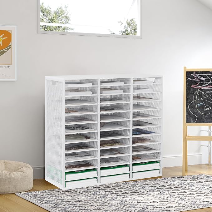 TQVAI 36 Compartments Desktop Literature Organizer, Metal Frame Paper Sorter with Handles, Heavy Duty Mailbox for Classroom and Office, Desk File Organizer for Document, Bill, Magazine, White