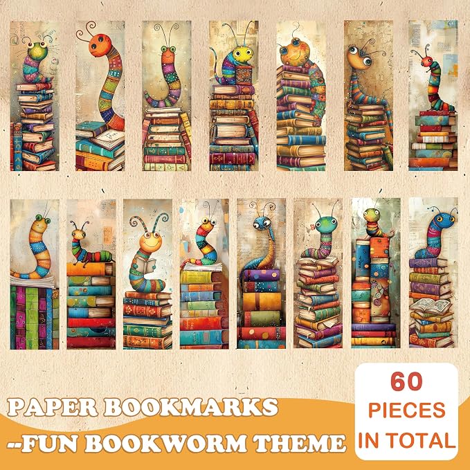 Whimsical Bookworms Bookmarks Gifts, 60 PCS Funny Reading Bulk Book Marks for Women Men, Paper Bookmarks for Book Lovers Gift, 15 Designs × 4, Double-Sided Laminated