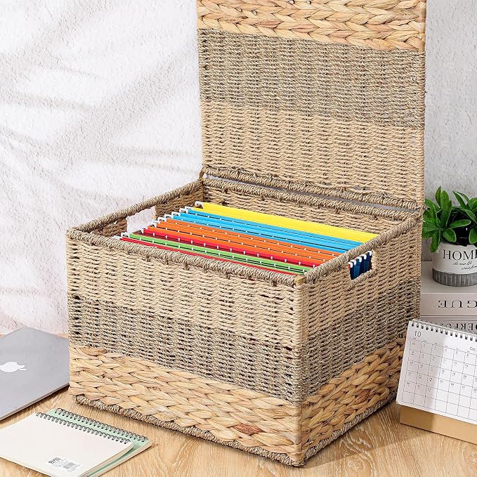 2pcs Large Decorative File Box 18 x 15 x 14 in Seagrass Hanging Organizer for Letter & Legal Size File Basket Hand Woven Filing Cabinet with Lid Collapsible Box for Home Office Decor, Water Hyacinth