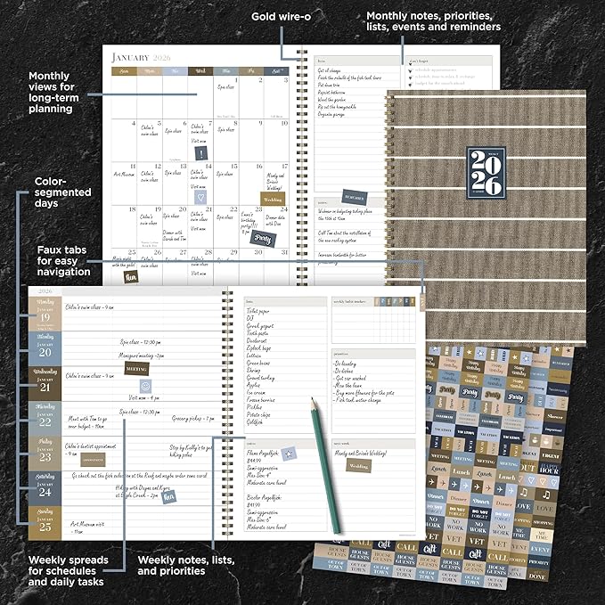 TF Publishing 2026 Linen Large Weekly Monthly Planner with 12-Month Calendar Grid, Priorities Section, Habit Tracker, and Stickers - Large Planner for School or Work - 9in x 11in