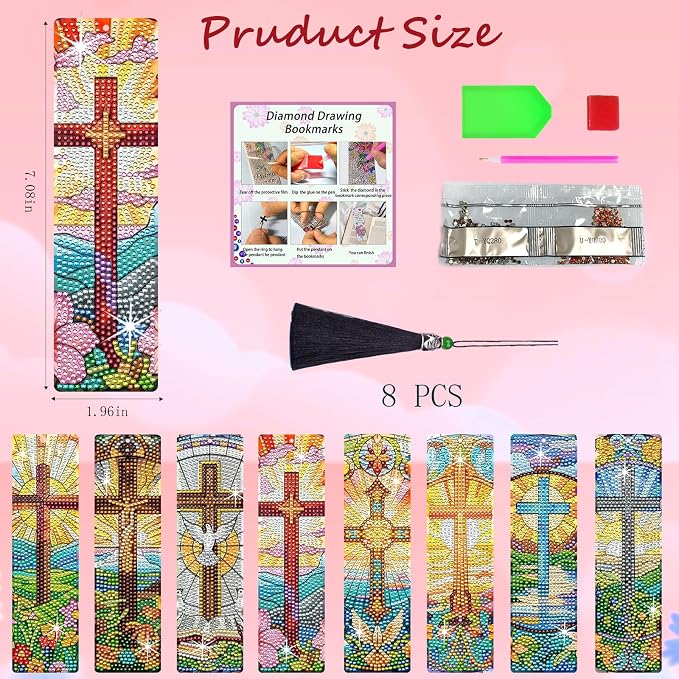 8PCS Diamond Painting Art Bookmarks,Cute Acrylic Bookmarks Crafts Kits Gifts with Pendants for Adult Women Book Lovers (cross2)