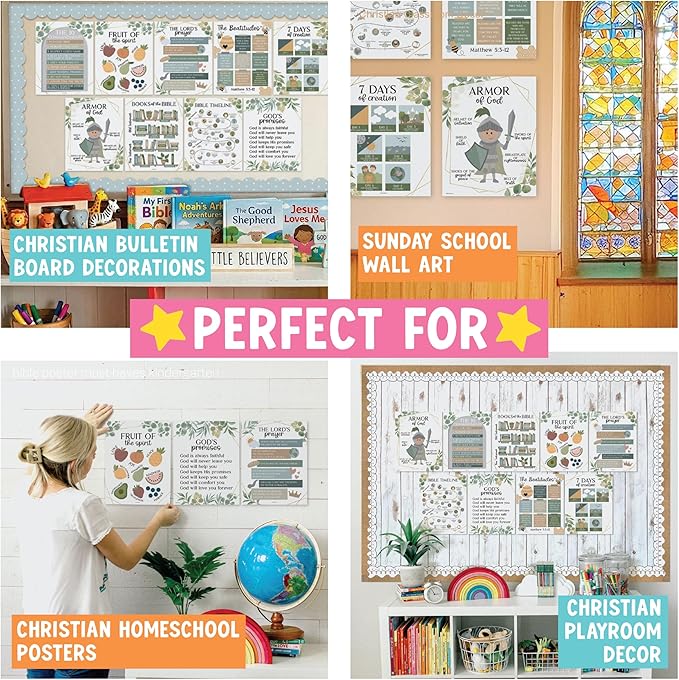 Hadley Designs Sunday School Decorations for Classroom –9 Bible Posters for Kids, Books of the Bible, 10 Commandments, Bible Timeline Chart, Fruits of the Spirit, Greenery Christian Classroom Decor