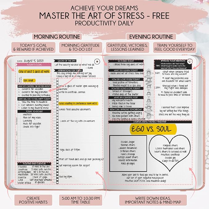Gratitude Journal for Women and Men — 5 Minute Self Care Journal | Mindfulness, Manifestation, Affirmation | 3 Month Productivity Planner | Undated Daily Planner, Vision Board + Stickers