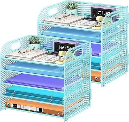 Cawukege 2 Pack 5 Tier Paper Organizer, Letter Tray with Handle, Mesh Desk Organizer, Metal File Organizer, Office Desk Accessories for Home, Office, Classroom, School -Blue