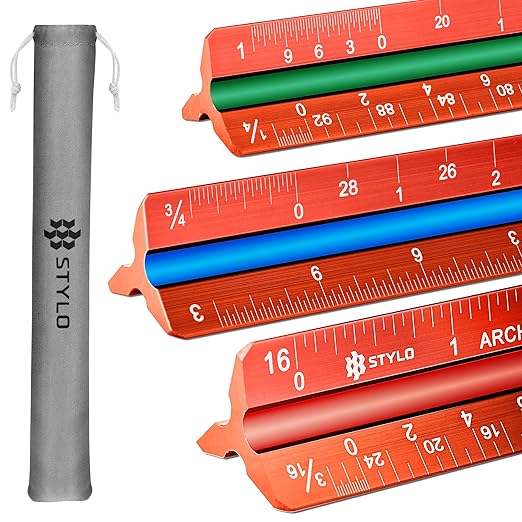 Stylo 12" Aluminum Architect Scale Ruler Laser Etched Triangle Drafting Ruler, Color Coded Grooves for Blueprint, Drafting and Drawing, Architectural Scale Ruler for Blueprints (Red, Imperial Units)