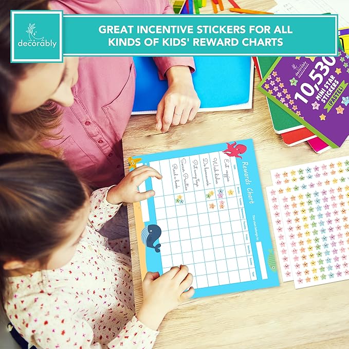 Decorably 10,530 Pastel Reward Stickers for Kids Classroom - 45 Sheets with 7 Vibrant & Cute Designs for School Activities, Positive Reinforcement, Arts & Crafts, Scrapbooking, Gift