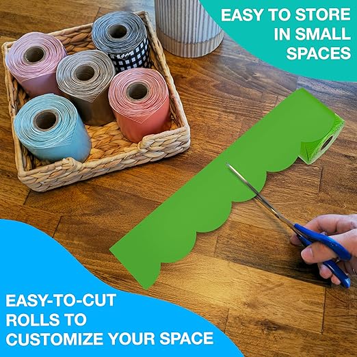IXL 5 pc Bundle of Colorful Bulletin Board Borders, 65ft Rolls of Green, Blue, and Yellow Scalloped Trim for Rolling Whiteboard, Cork and Posterboard, Party, Office Decorations, and Classroom Decor