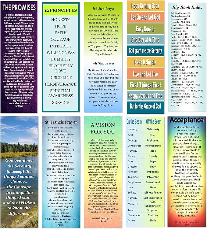 12 Step AA Sobriety Bookmarks- Set of 10 2x6 Laminated Recovery Gifts with Serenity Prayer, Big Book Index, Acceptance, St Francis Prayer, 3rd & 7th Step Prayer by Cheryl's Bookmarks