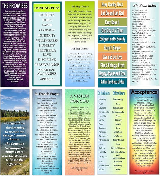 12 Step AA Sobriety Bookmarks- Set of 10 2x6 Laminated Recovery Gifts with Serenity Prayer, Big Book Index, Acceptance, St Francis Prayer, 3rd & 7th Step Prayer by Cheryl's Bookmarks