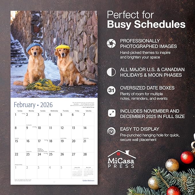MICASA PRESS Golden Retrievers 2026 Wall Calendar 12 Month | 12" x 24" Open | Thick & Sturdy Paper | Giftable | Cute Puppy Dog Calendar 2026