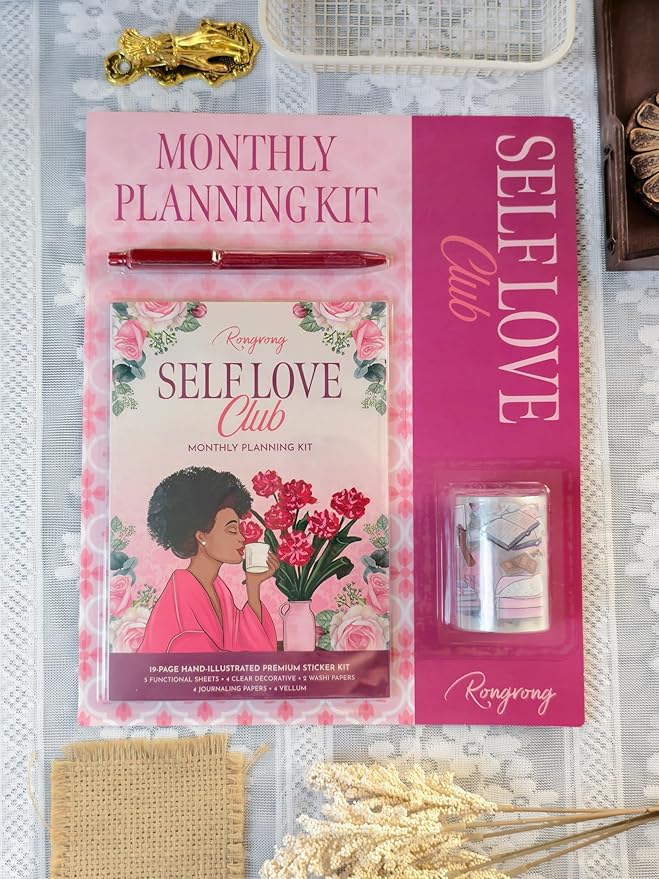 Self Love Monthly Planning Kit – Complete Planner Starter Bundle with Stickers, PET Tape, Pen & Scrapbooking Papers for Mindfulness, Wellness & Creative Planning