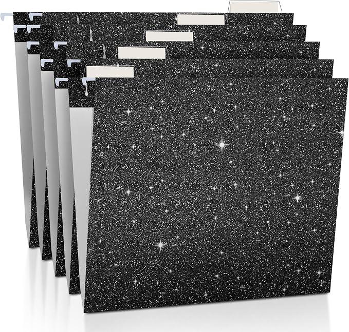 25 Pcs Black Hanging File Folders 12 x 9.25'' Glitter Hanging Folders with 25 Paper 1/5 Cut Adjustable Tab and 25 Plastic Tab for Medical Charts Office Desktop