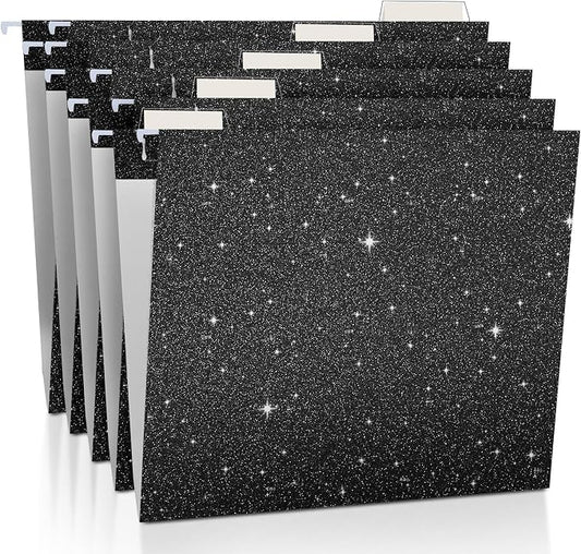 25 Pcs Black Hanging File Folders 12 x 9.25'' Glitter Hanging Folders with 25 Paper 1/5 Cut Adjustable Tab and 25 Plastic Tab for Medical Charts Office Desktop