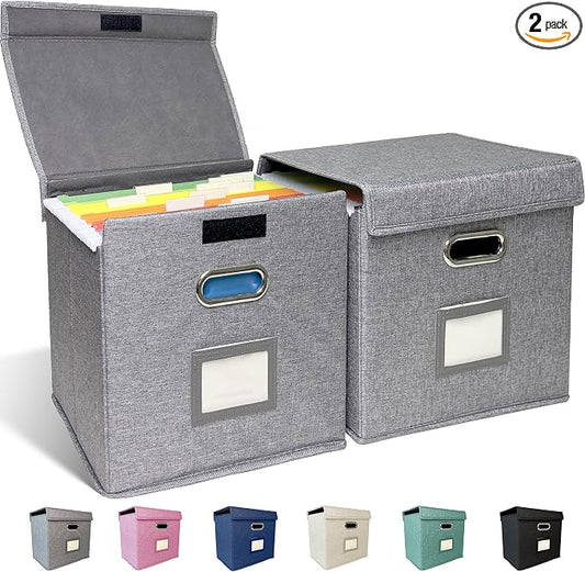 2 Pack Hanging File Folder Box with Lid, Durable Letter Size Filing Storage Box, Sturdy File Holder with Cardboard Support PVC Rails for Office Home Organizer, Gray