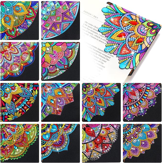 Ireer 12 Pcs 5D Diamond Painting Corner Bookmark Rhinestone PU Leather Diamond Painting Bookmark Triangle Art Bookmarks for Home Office Beginner Adults Birthday Mother Gift(Trendy Style)
