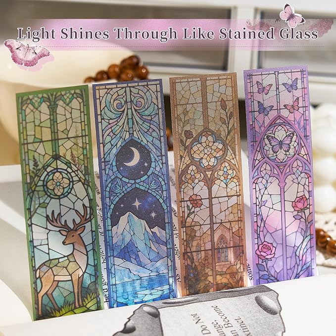 4PCS Fantasy Art Bookmarks, 5" × 1.5" PVC Stained Glass Art Book Marker, Romantasy Inspired Bookish Gifts for Book Lovers