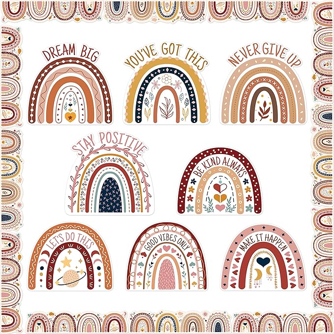 BeYumi 62Pcs Back to School Boho Rainbow Positive Sayings Cutouts Motivational Boho Rainbow Classroom Bulletin Borders Trim Decorations Set for School Home Wall Decor