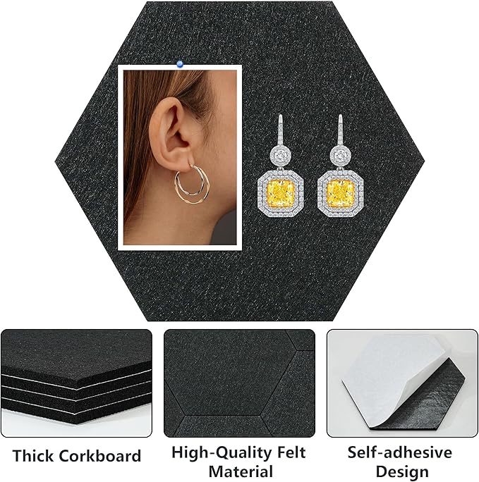Vienrose Hexagon Felt Bulletin Board Self Adhesive Pin Board Wall Decoration Tiles with 35 Push Pins for Office Home and School, Black 8 Pack
