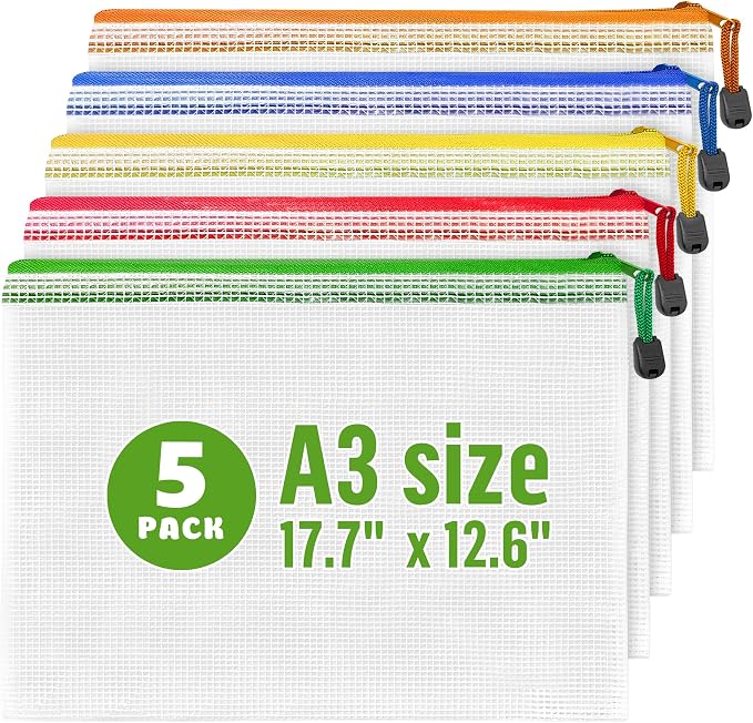 5 Pack Mesh Zipper Pouch Bags A3 17.7x12.6 inch - Plastic Zipper Pouches for Organizing - Game Storage Bags - Puzzle Organizer Bags - Large Zip Pouch Bags - Mesh Pouch with zip - Puzzle Bags