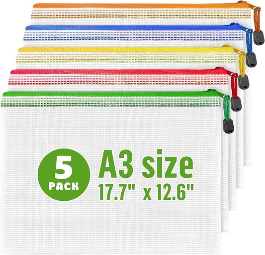 5 Pack Mesh Zipper Pouch Bags A3 17.7x12.6 inch - Plastic Zipper Pouches for Organizing - Game Storage Bags - Puzzle Organizer Bags - Large Zip Pouch Bags - Mesh Pouch with zip - Puzzle Bags