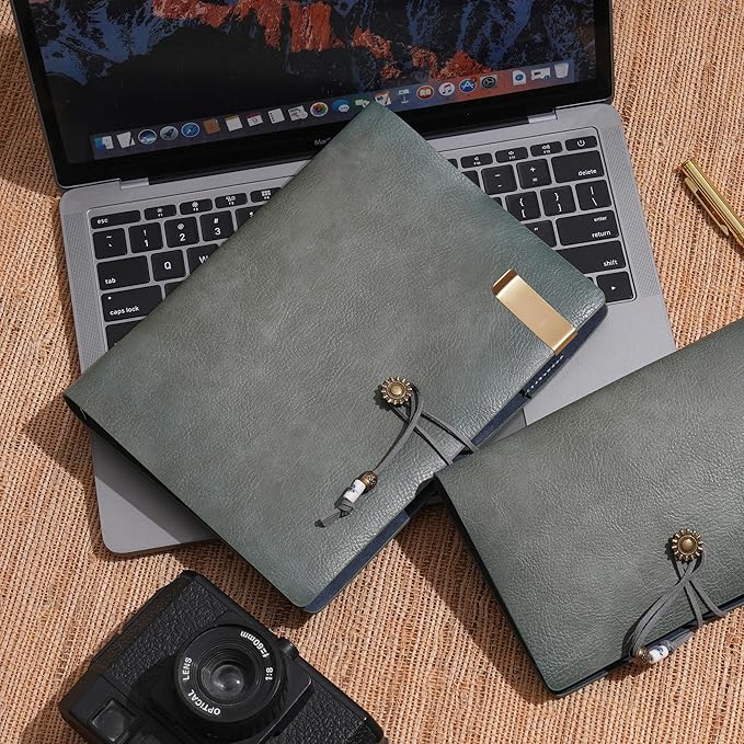 WONDERPOOL Leather Journal Lined Paper Notebook & Pen - Refillable 6 Ring Binder Writing Spiral Diary with Ruled Notepads Vintage Cover for Office Travel Work and Plan Agenda (a-Green, A5)
