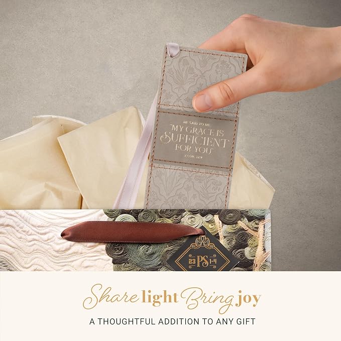 Christian Art Gifts Faux Leather Inspiring Bible Verse Bookmark for Women: My Grace is Sufficient Encouraging Scripture, Debossed Creamy Taupe Floral w/Gold, Satin Ribbon Markers for Saving Pages